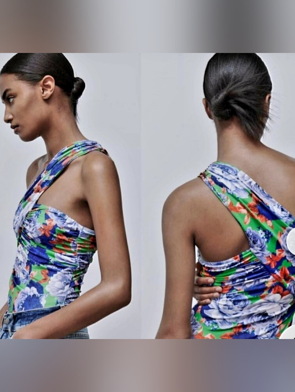 Zara Blue Green Floral One-Shoulder Asymmetrical Boho Bodysuit NWOT Medium